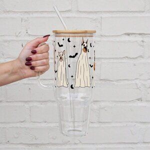 Halloween Dog 40oz Glass Tumbler, Halloween 40oz Glass Tumbler, Cute Ghost Dog